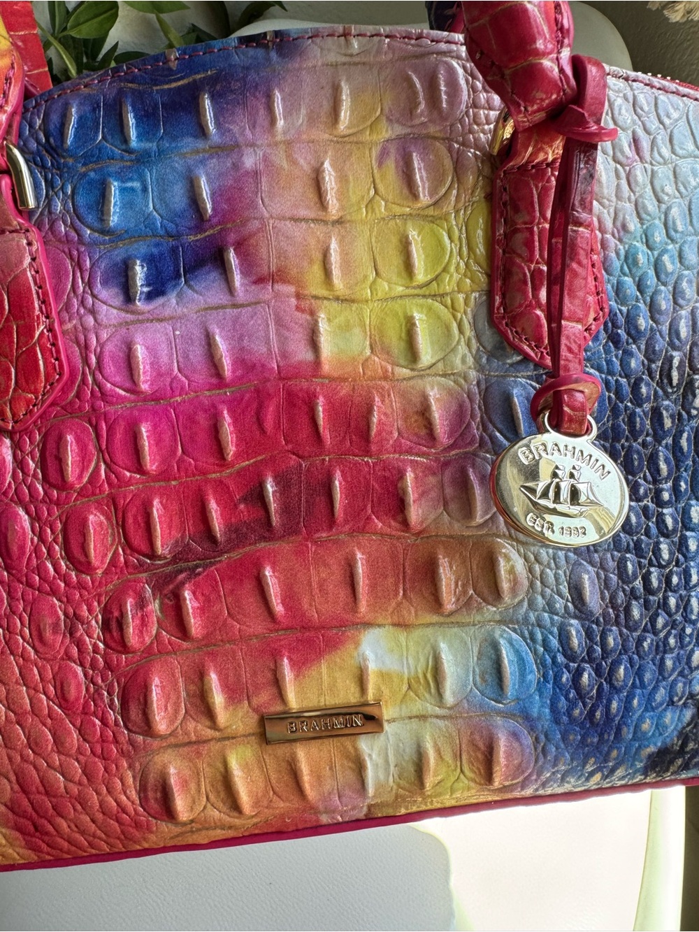 Brahmin Rainbow Croc-Embossed Satchel - Pink, Blue, Yellow, Red - Picture 2 of 13